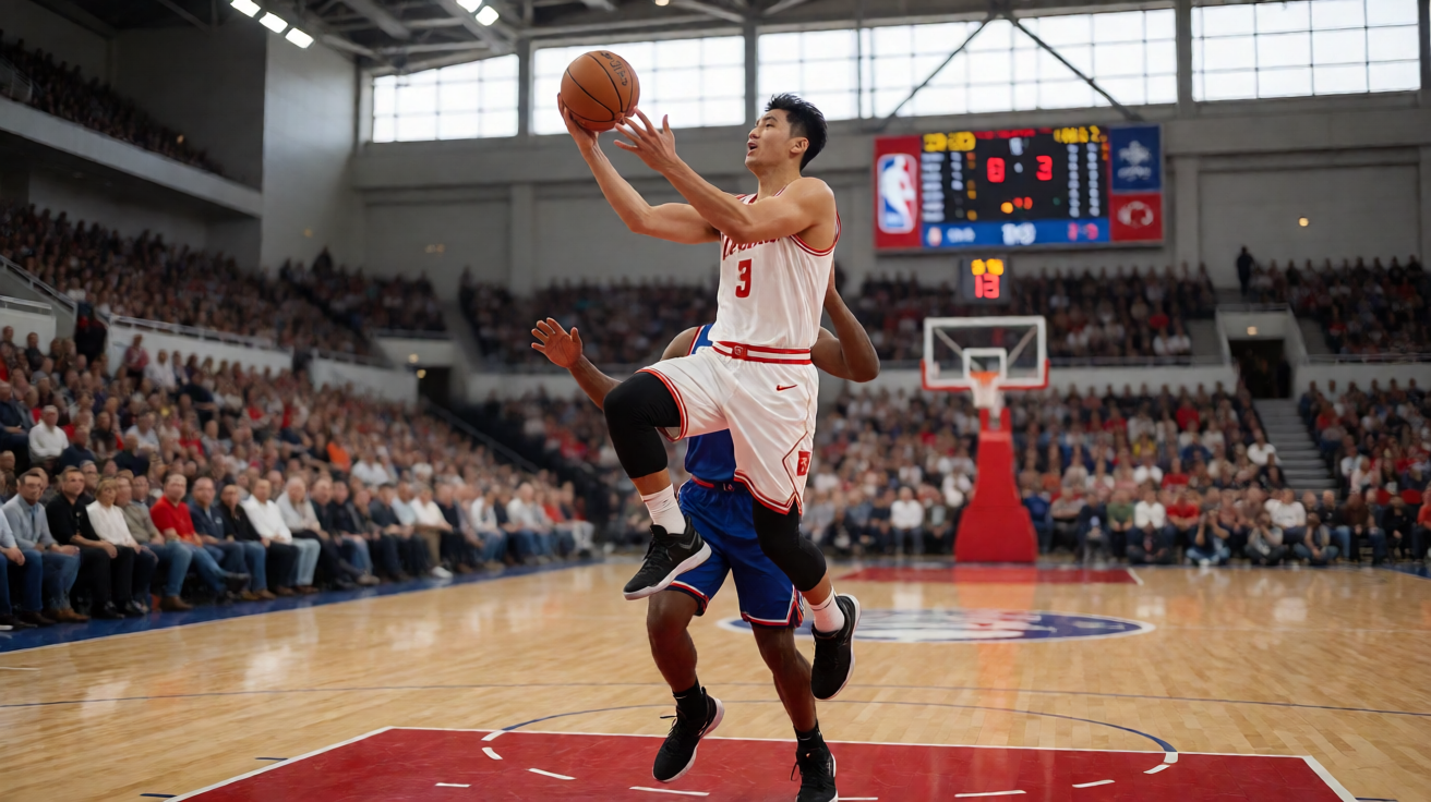 NBA比赛中球员空中对抗上篮，展现牛八体育NBA赛事报道